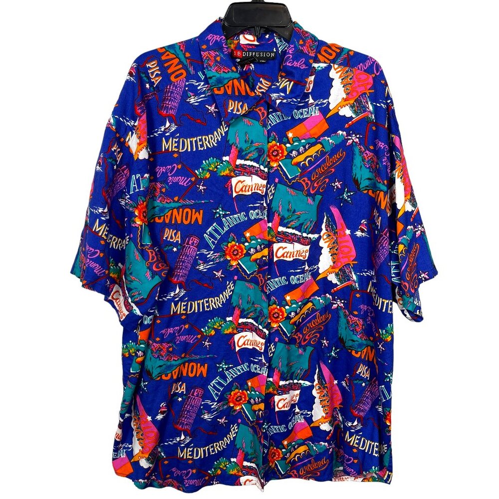 IB Diffusion Button Up Shirt Womens 24W Blue Graphic Destination Vacation Rayon